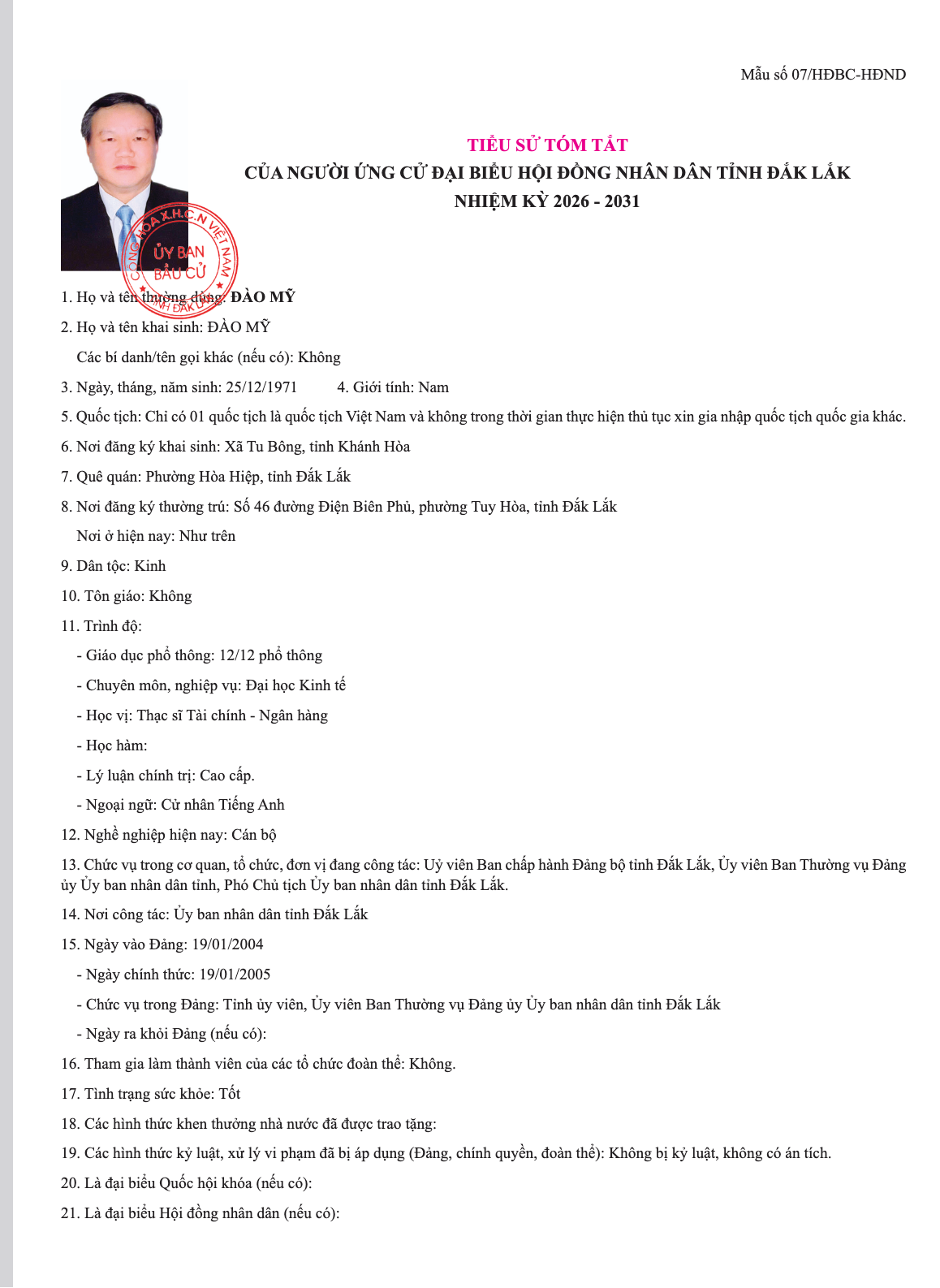 Tiểu sử tóm tắt ứng cử Đại biểu HĐND tỉnh Đắk Lắk nhiệm kỳ 2026 – 2031: Phó Chủ tịch UBND tỉnh Đào Mỹ